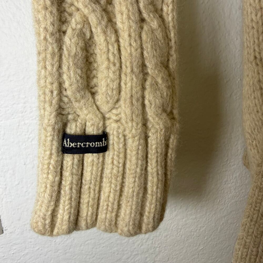 Abercrombie & Fitch Y2K Wool Cable Knit Belted Hooded Cardigan Tan Sz M Neutral - Picture 6 of 8